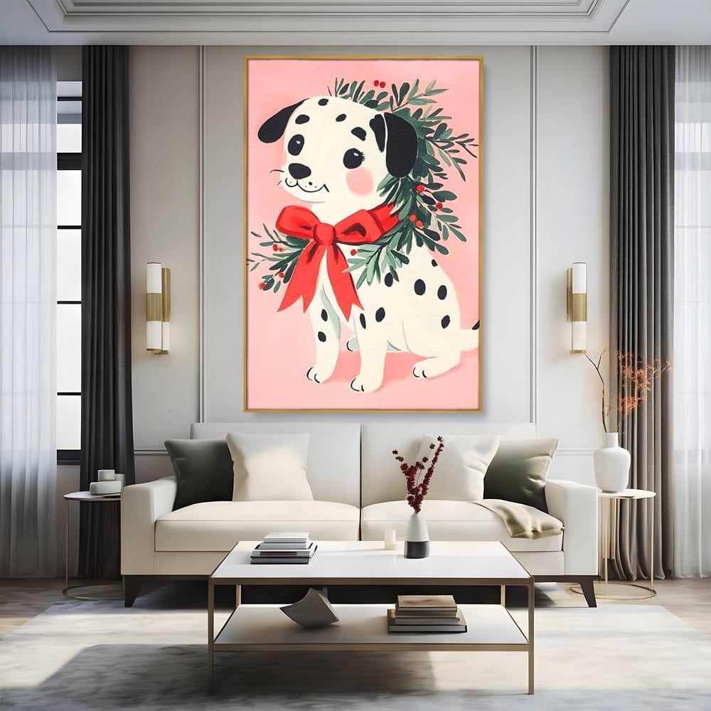 Tablou canvas cu tablou canvas cu catel dalmatian, in rama de aluminiu auriu, pe perete intr-un living